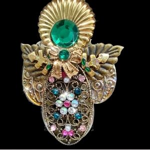 Teal Green & Antique Gold Handcrafted Angel Brooch
